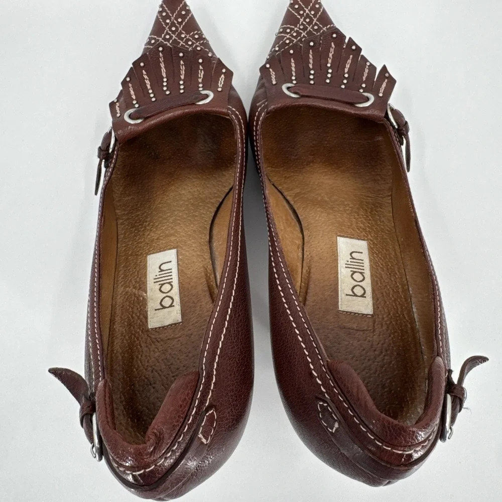 Ballin VTG Brown‎ Leather Kitten Heel 37.5 Italy Studded Fringe Metal Classic